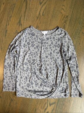 Gray Leopard Print Knot-Front Long Sleeve Top